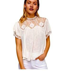 Revolve FREE PEOPLE Size L Lace Top Blouse Feminine Dainty Renaissance Linen